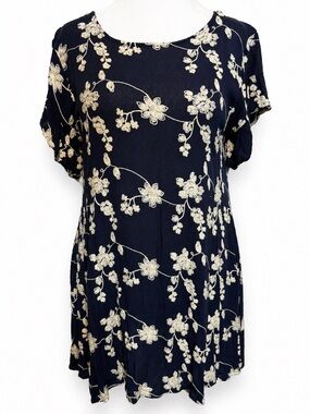 Umgee Navy Embroidered Dress Boho Open Back Floral Swing Tunic Large